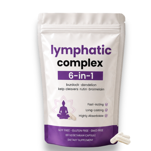 A stand-up pouch of 'lymphatic complex 6-in-1' dietary supplement capsules on a plain white background. The packaging is primarily white with purple text and a purple bottom band, featuring a small meditating figure graphic.