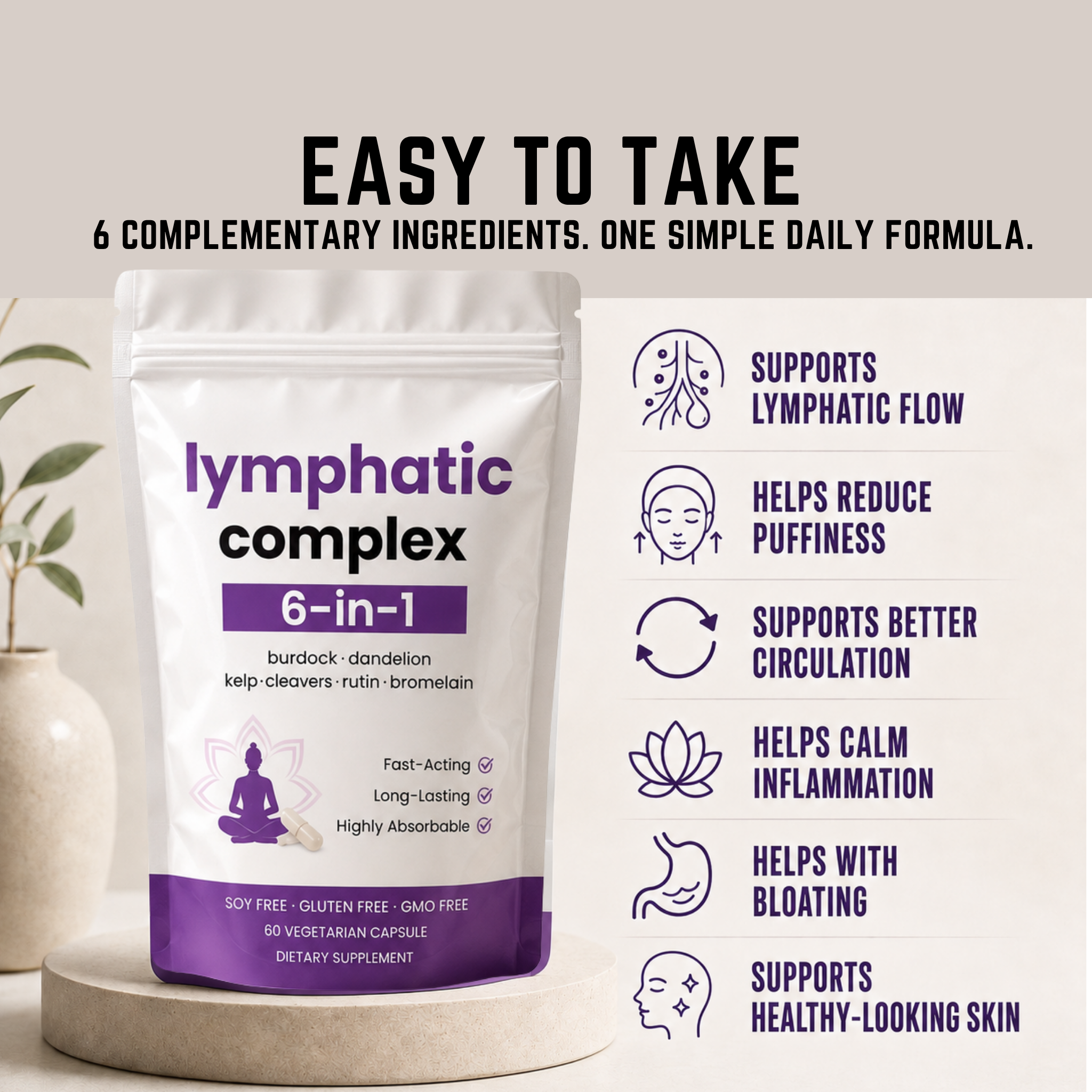 A stand-up pouch labeled 'lymphatic complex 6-in-1' is shown on a light gray background with decorative plant stems and a pedestal. Large text at the top reads 'EASY TO TAKE,' and a vertical list on the right lists benefits such as supporting lymphatic flow, reducing puffiness, improving circulation, calming inflammation, helping with bloating, and supporting healthy-looking skin.