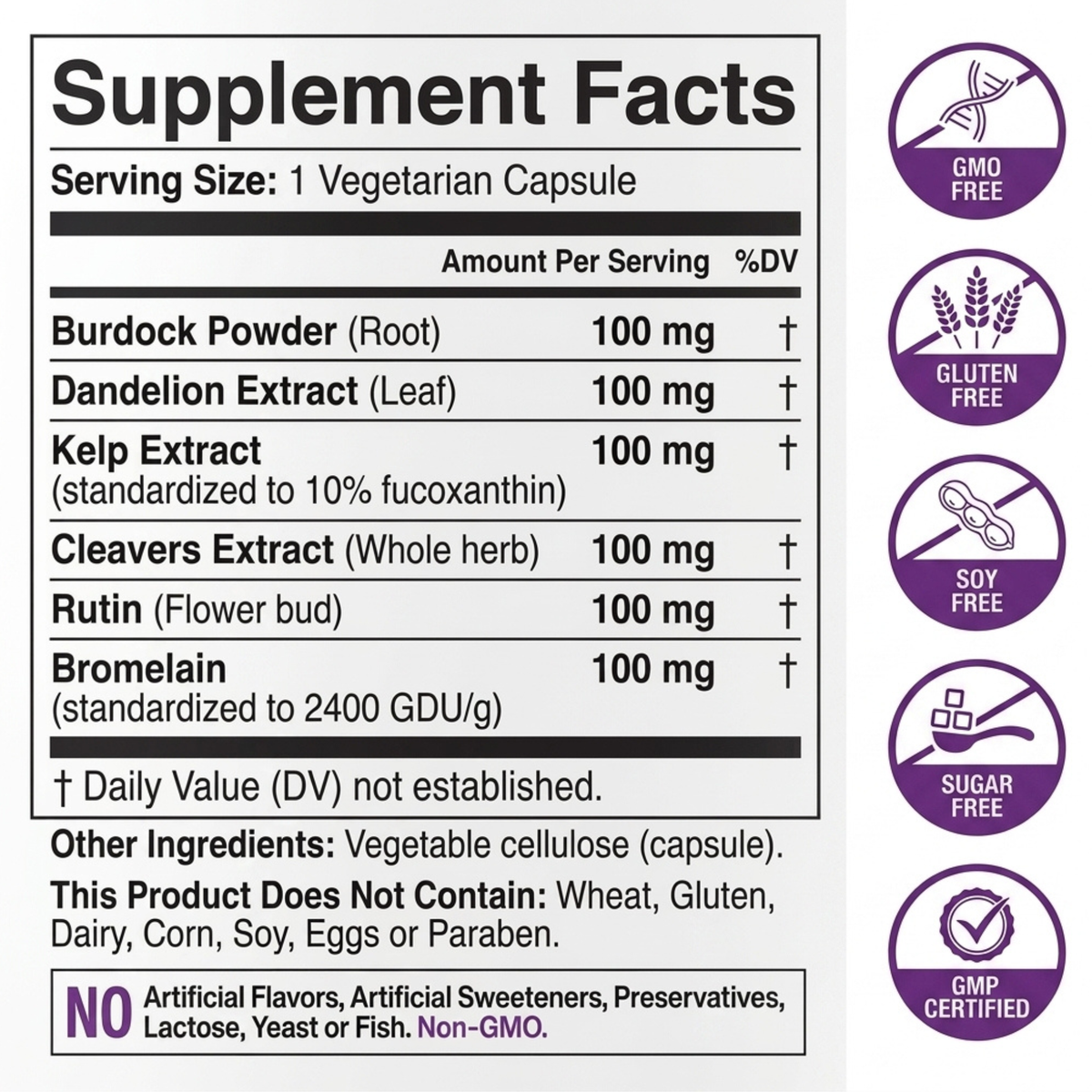 Supplement Facts label for a dietary supplement capsule, listing ingredients such as Burdock Powder, Dandelion Extract, Kelp Extract, Cleavers Extract, Rutin, and Bromelain, alongside purple circular icons for GMO Free, Gluten Free, Soy Free, Sugar Free, and GMP Certified.