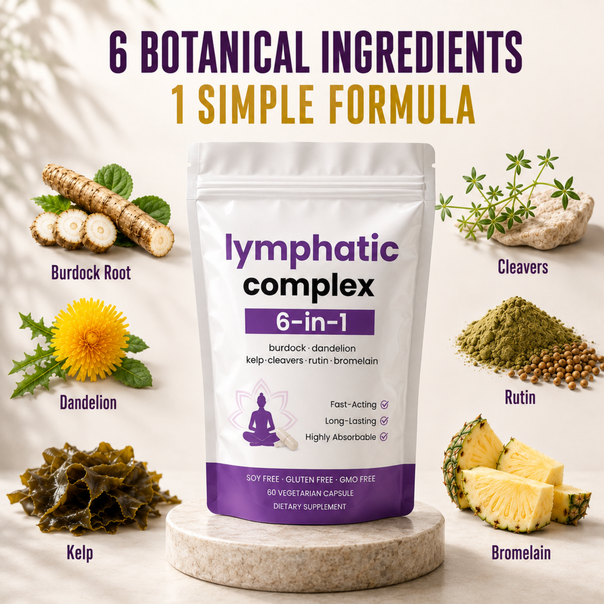A stand-up pouch labeled 'lymphatic complex 6-in-1' centered on a pedestal, surrounded by ingredient callouts and text reading '6 BOTANICAL INGREDIENTS 1 SIMPLE FORMULA.' Visible ingredients include burdock root, dandelion, cleavers, rutin, kelp, and bromelain, arranged around the package on a light neutral background.